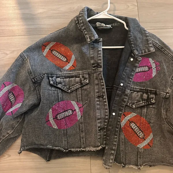 Denim rhinestone football jacket - Image 4