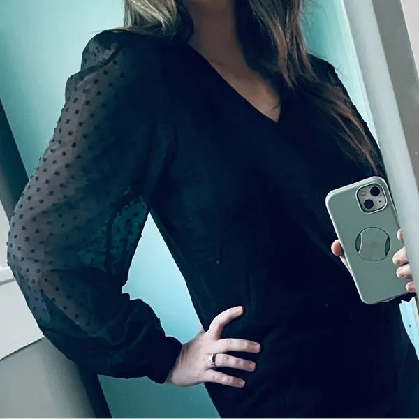 Modcloth More After Midnight Top Black Long Sleeve Sheer Polka Dot Sleeve M NWT - Image 4