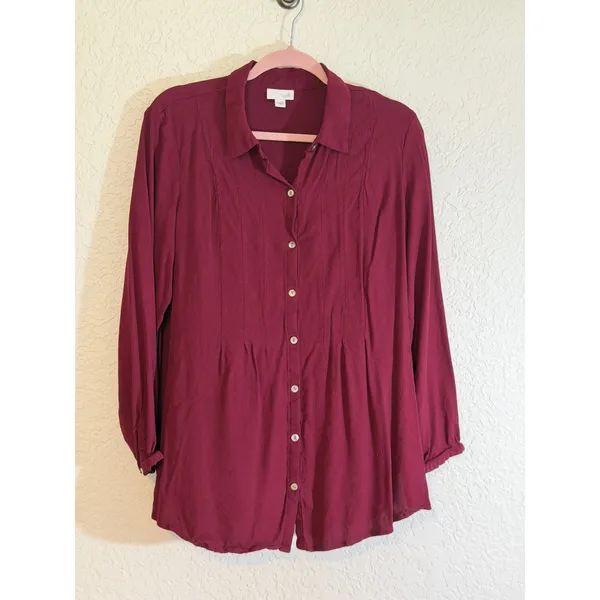 J. Jill Button Down Shirt Burgundy XL Women Pintuck Rayon Long Sleeve Tunic - Image 7