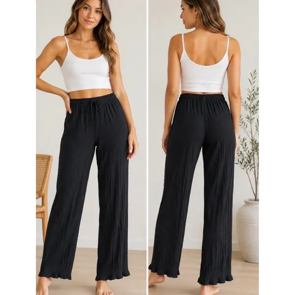 Zara Black Crinkle Textured Wide Leg Relaxed Drawstring Pants Medium - Image 2