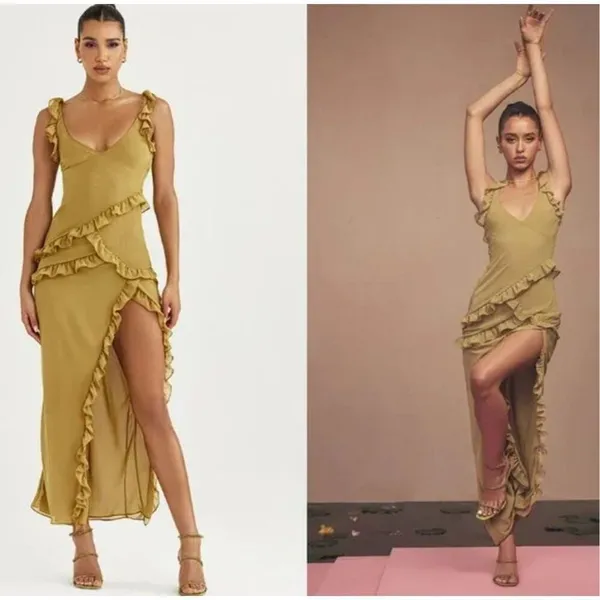 House of CB Pixie Olive Ruffle Maxi Dress Size XS - Image 2