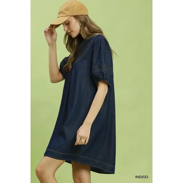 Umgee Notched Puff Sleeve Mini Dress‎ with Pockets - Small - Image 2
