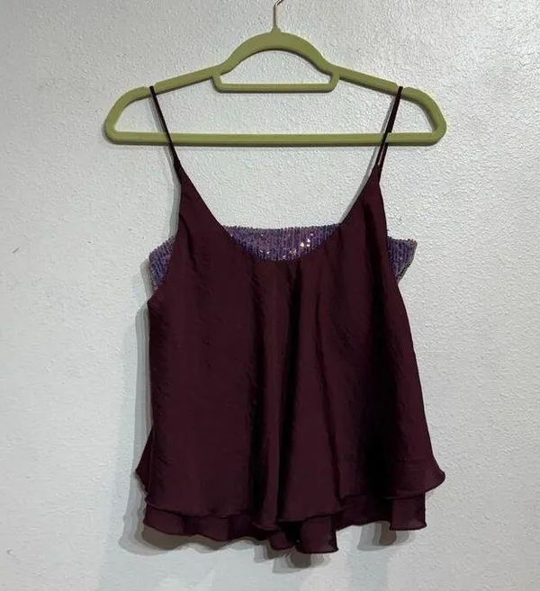 Free People Purple Sequin Turn It On Satin Cami Sz S - Image 2