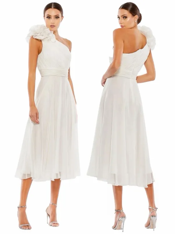 Mac Duggal Rosette One Shoulder Tea Length Dress White Size 12 - Image 2