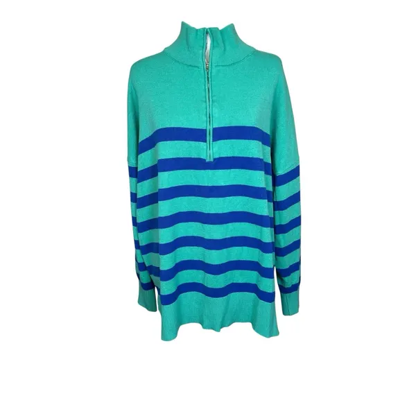 Wiholl Half Zip Mock Neck Sweater Size XL Turquoise Blue Striped Preppy Coastal - Image 2