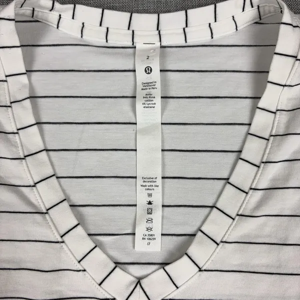 Lululemon Striped Shirt Womens 2 White V-Neck Short Sleeve Pima Cotton Top - Image 6