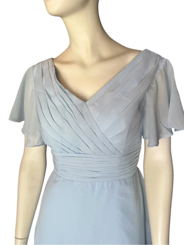 Chiffon V-Neck High-Low Midi Dress with Ruched Bodice & Lace Accents Blue Size 8 - Image 5