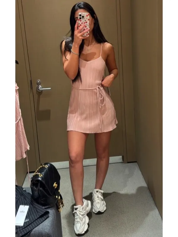Alo Micro Plisse Game On Tennis Dress Pink Quartz Padded Belted Pleated Mini M - Image 7