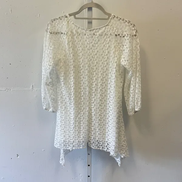 Dressbarn‎ Lace Tunic Top Small Handkerchief Hem 3/4 Sleeve Crochet Boho White - Image 2