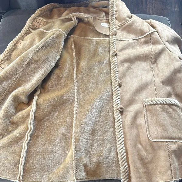 Women’s Vintage St John’s Bay Tan Faux Suede Hooded Coat Faux Fur Lined Size L - Image 12
