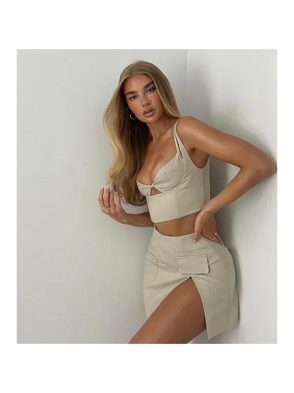 White Fox On‎ The List Skirt Small Beige Faux Cargo Mini Slit Baddie Vegas Party - Image 11
