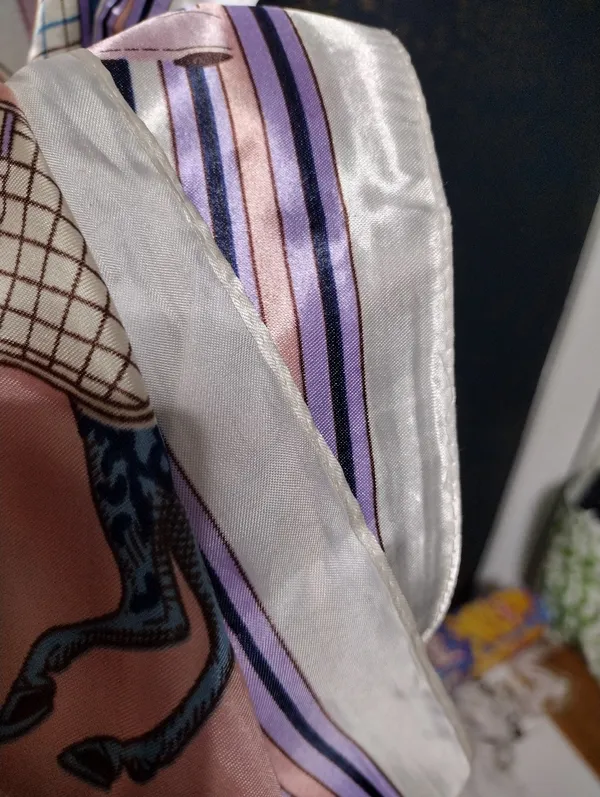 Vintage Silky Horse-Print Scarf in Pastel Pink and Lavender - Image 3