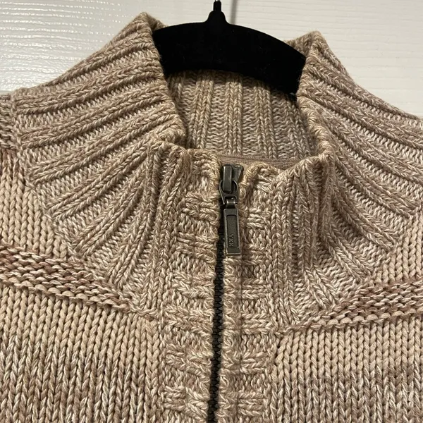 L.L. Bean Tan Striped Cotton Mock Neck Full Zip Knit Cardigan Sweater Size S P - Image 5