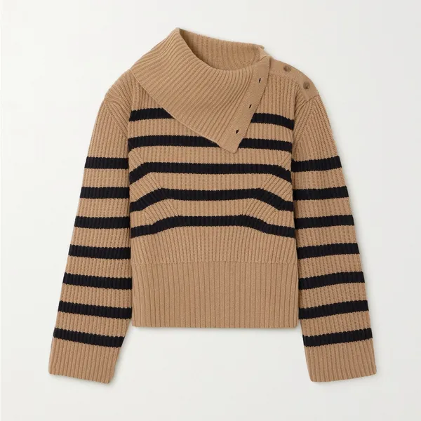 Simkhai Cashmere Wool Adrienne Striped Button Turtleneck Brown Sweater - Image 5
