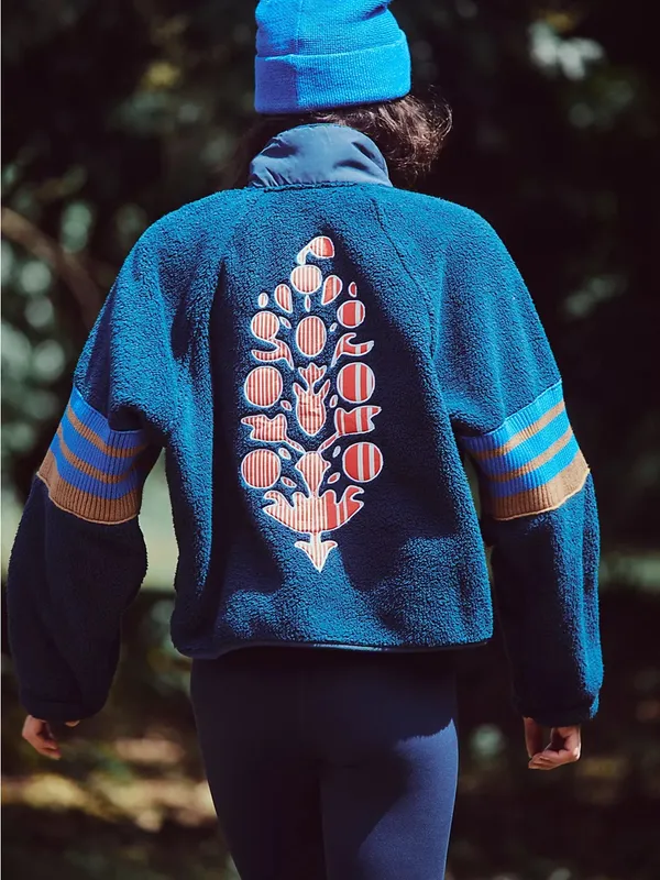 Free People FP Movement Mountain High Sporty Logo Fleece Jacket in Navy Blue - Image 2