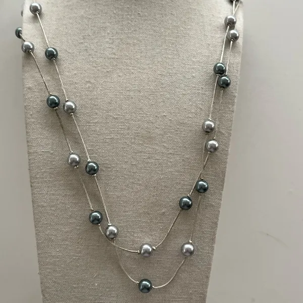 Premier Designs Silver tone metal Crystal bead Black pearl faux Necklace Quality 30” - Image 3