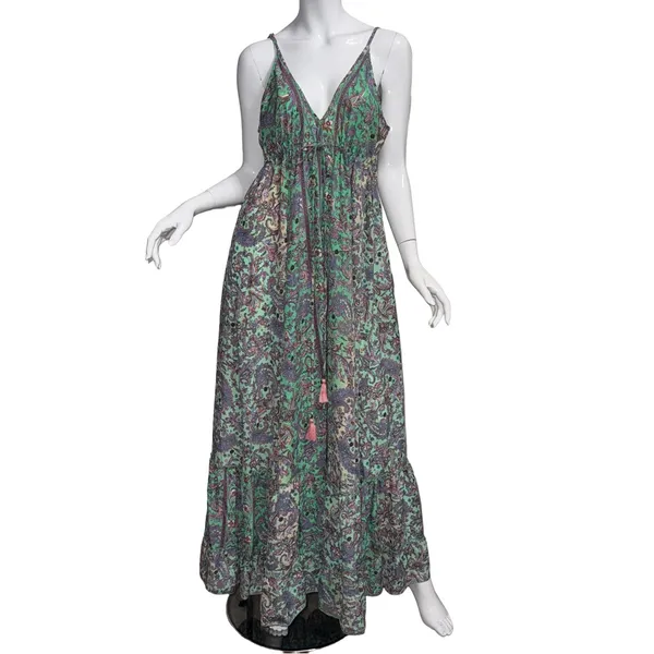 💖 Bella Boheme Green Paisley Enya Maxi Tiered Ruffle Dress Boho Goddess Coastal - Image 3