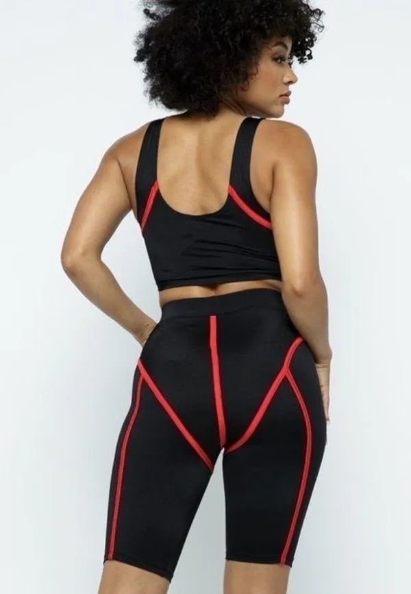 Biker Set. Contrast binding crop tank and biker shorts set. Black and red. Small - Image 3