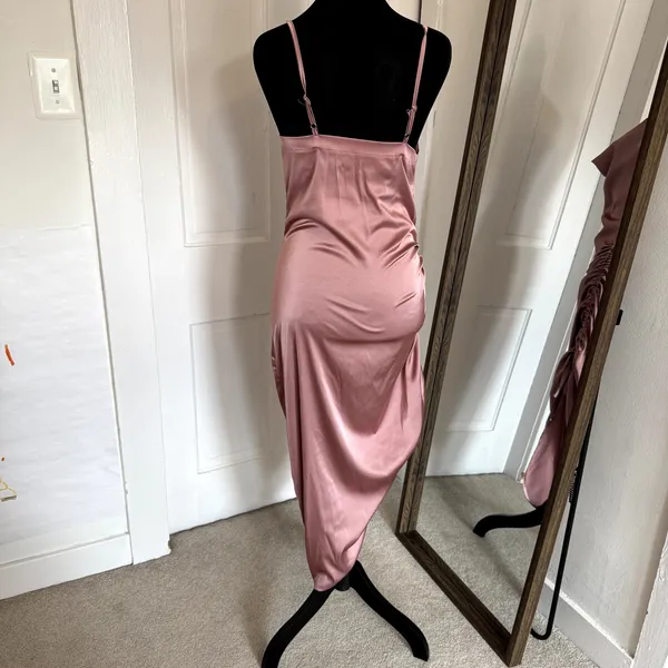 Satin Silky Dusty Rose Midi Dress with Side Ruching Women's Size Medium - Image 2