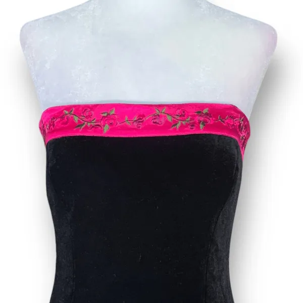 Vintage Dark Romance Velvet Strapless Maxi Dress Black Pink Rose Trim Romantic - Image 2