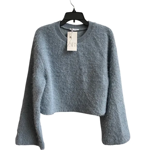 ZARA Fuzzy Knit Sweater Blue Long Bell Sleeves Cropped Top‎ Women's Large NWT - Image 2