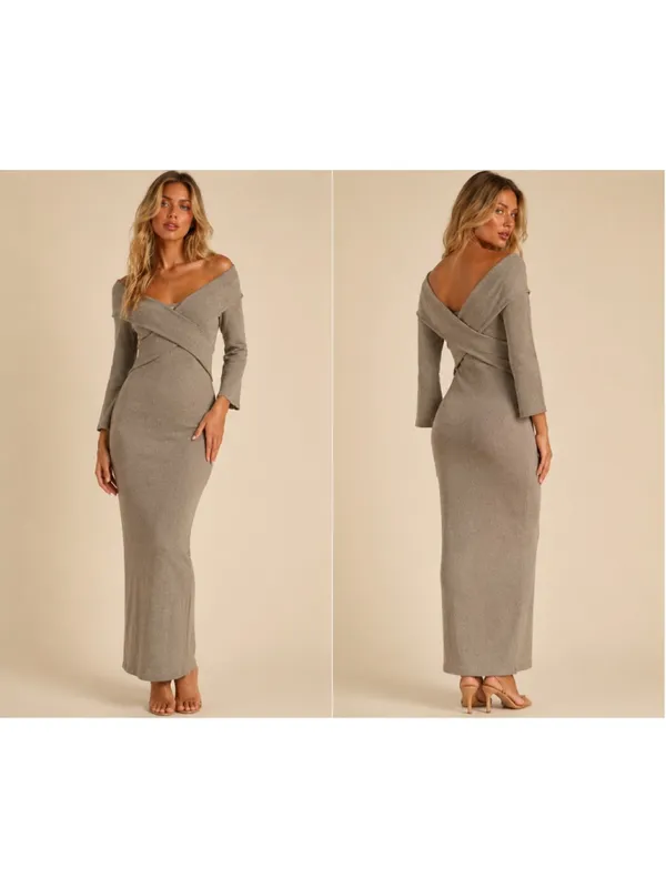 Pretty Lavish Bodycon Midi Dress Taupe Off Shoulder Knit Neutral Quiet Luxur NEW - Image 2