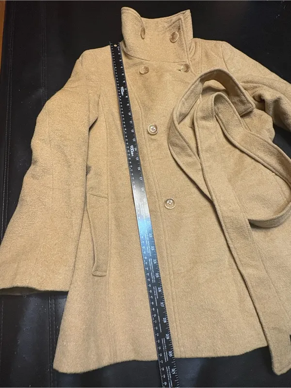 Calvin Klein Camel Wool Blend Belted Double Breasted Coat Funnel Neck Med? - Image 14