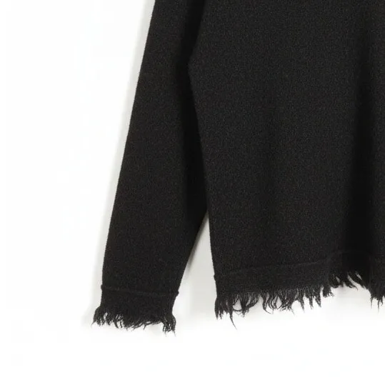 Free People Fringed V-Neck Solid Knit Sweater Black Boho Raw Edge Size S - Image 5