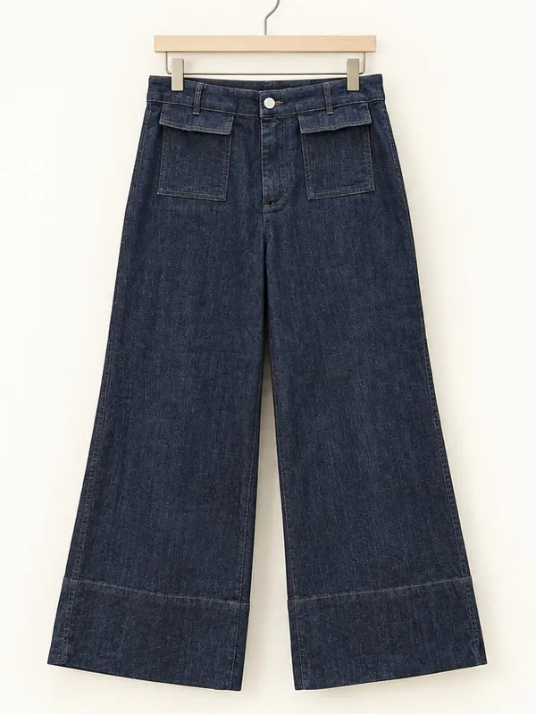 Zara Y2K Dark Wash High Rise Palazzo Wide Leg Patch Pocket Jeans 26” Inseam Crop - Image 4