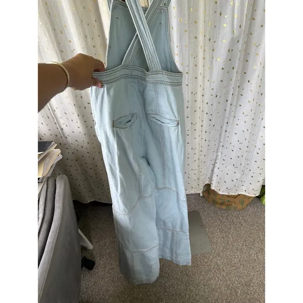 Free People 70s 100% Cotton Light Wash Wide Leg Denim Overalls Jumpsuit 27 - Image 4