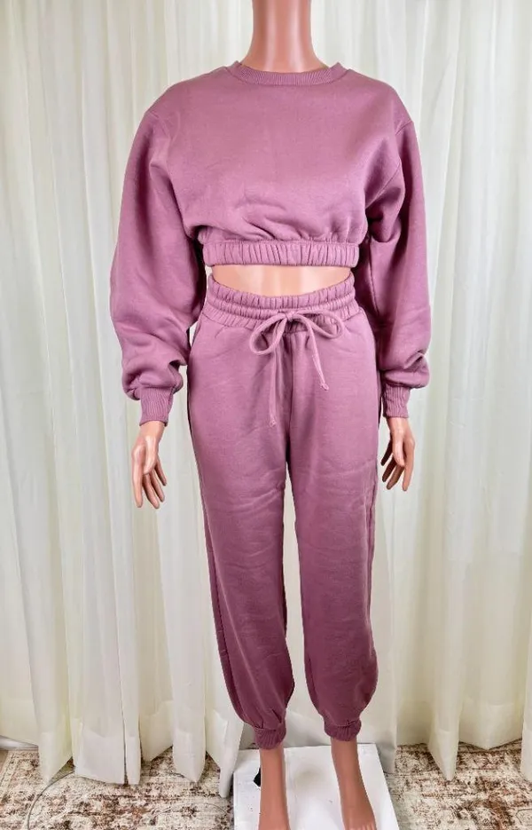 Zenana 2 Pcs Crop Sweatshirt Tracksuit Jogger Pants Set Outfit Active Loungewear Dusty Rose Pink Size Large - Image 2