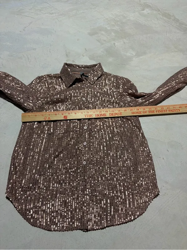 Anthropologie Brown Sequin Button-Up Shirt small - Image 4