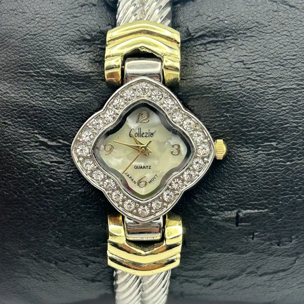 Collezie Two-tone Mother Pearl Dial Crystal Bezel Womens Cuff Watch New Battery - Image 2