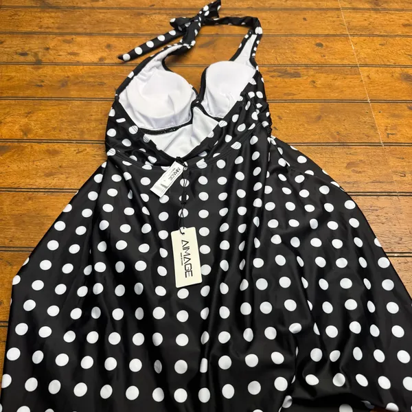 Aimage Black White Polka Dot Halter‎ Neck Flounce Swim Dress Size S - Image 5