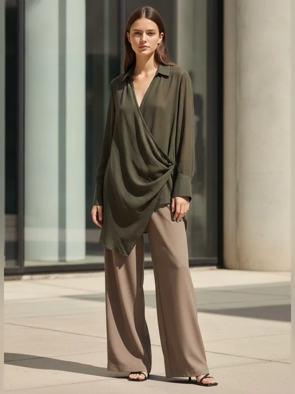 Zara Dark Green Wool Blend Draped Asymmetrical Avant Garde Long Wrap Blouse L - Image 3