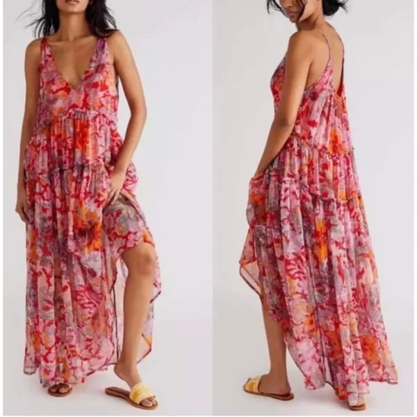 Free People Julianna Maxi Dress Small Red Floral Tiered Chiffon Sheer Boho Chic - Image 2