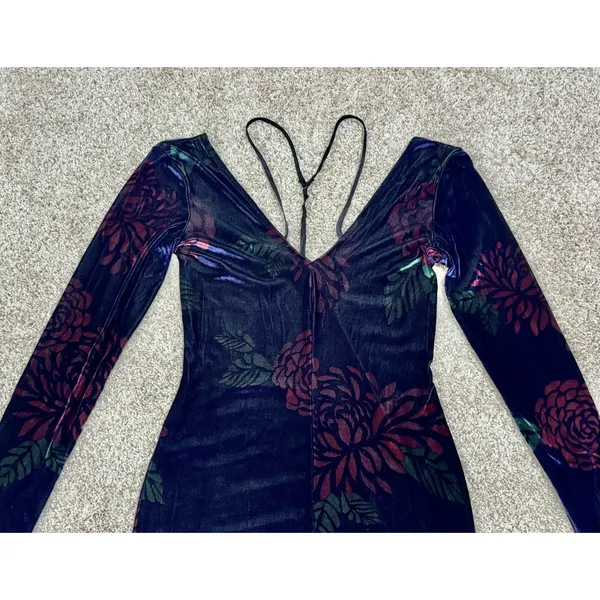 Free People Intimately Floral Velvet Strappy Bodycon Mini Dress Long Sleeve Sz S - Image 4