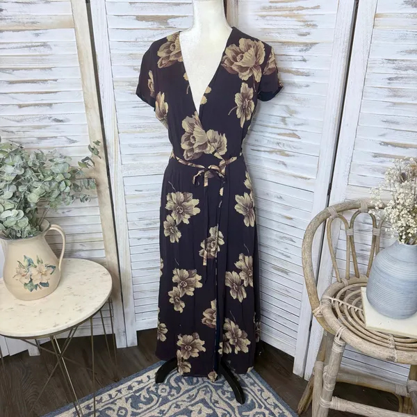 J. CREW VINTAGE Women's 6 Floral Wrap Maxi Dress Flutter Sleeve Brown 90s Y2K - Image 6