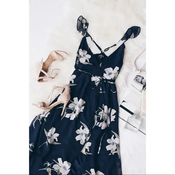 ✨ All Mine Navy Blue Floral Print High-Low Wrap Dress✨ - Image 5