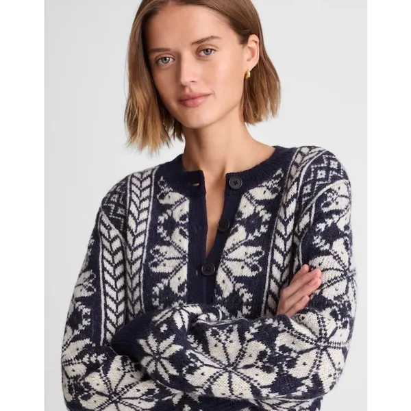 NEW Madewell Fair Isle Cardigan Jacket in Wool Navy Ivory Pattern Womens XL - Image 4
