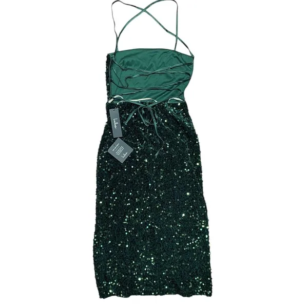 Lulus Sequin Dress Sz XS Lace Up‎ Side Slit Emerald Green Sparkle - Image 3