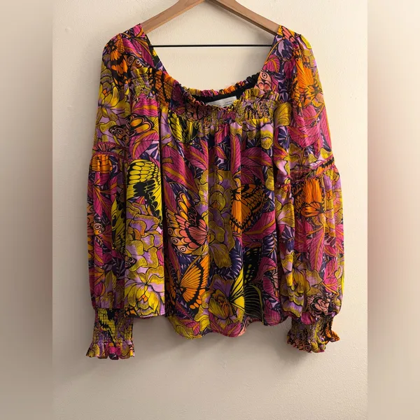 Anthropologie Alexandra Farmer Floral Butterfly Puff long Sleeve Blouse Flowy M - Image 2
