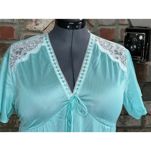 nightgown satin aqua lace V neck long - Image 3