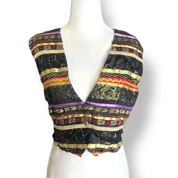 Vintage Vest Eclectic Lace Ribbon Trimmed Boho Cropped Waistcoat Art To Wear - Image 12