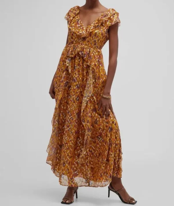 Marie Oliver Women's Yellow Jayda Silk Floral Metallic-Dot Gown Dress Sz 2 - Image 2