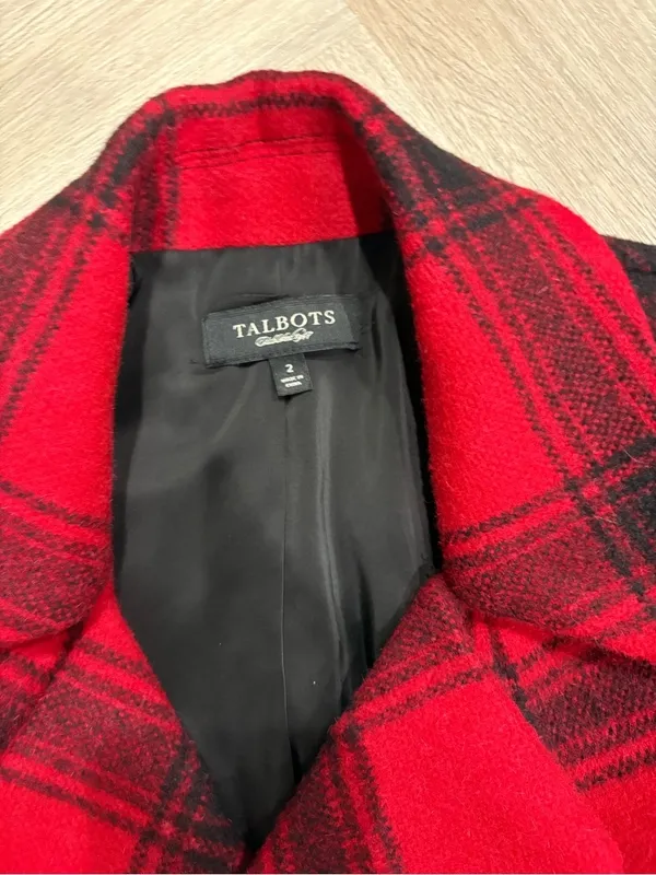 Talbots Red Black Plaid Wool Double Breasted Peacoat Size 2 - Image 4