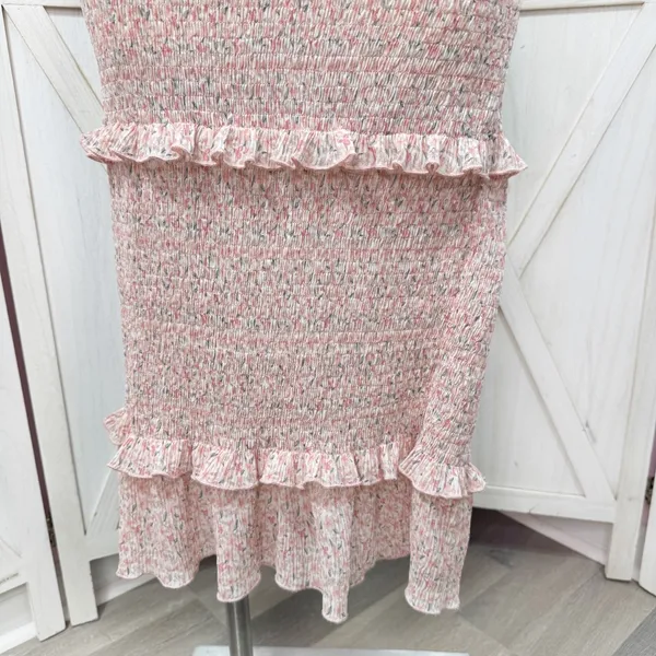 Mabel Daphne Ditsy Flower Ruffe Trim Smocked Midi Long Tube Dress Pink‎ Large - Image 9