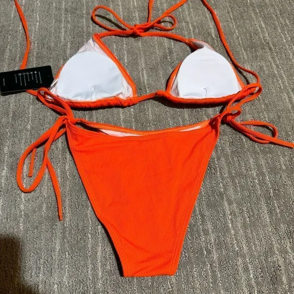 Zuvebamyo Bright Orange Ribbed Triangle String Tie Bikini‎ Small NWT Orange - Image 2