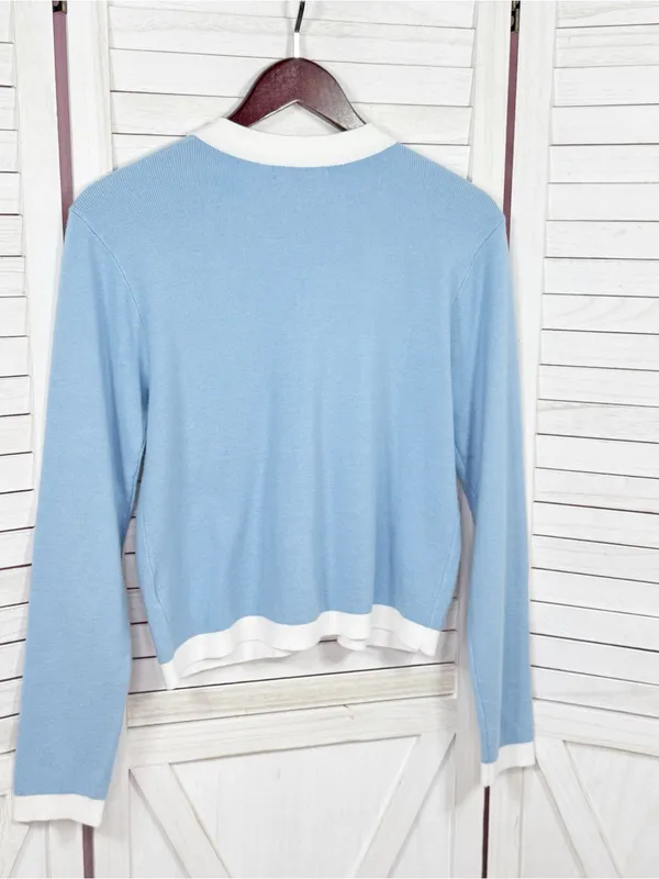 Emerson Lang Cardigan Sweater Button Front Contrast Trim Blue White Medium - Image 8