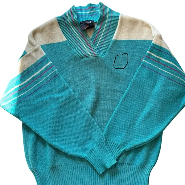 VTG 80’s Women’s Virgin Wool Colorblock Sweater Sz M Blue Cream Stripe - Image 2